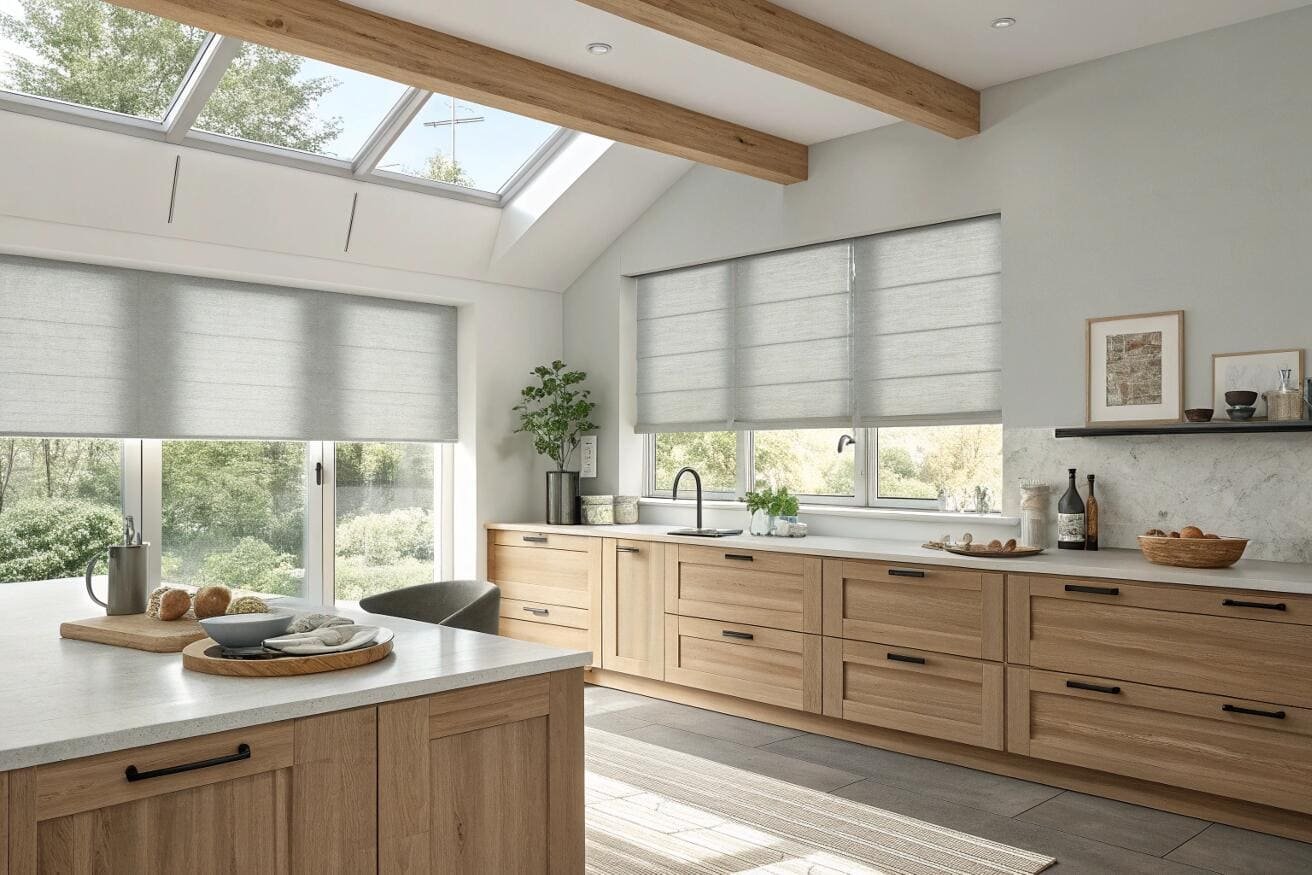 Modern kitchen with grey Roman shades on windows and overhead skylights.
