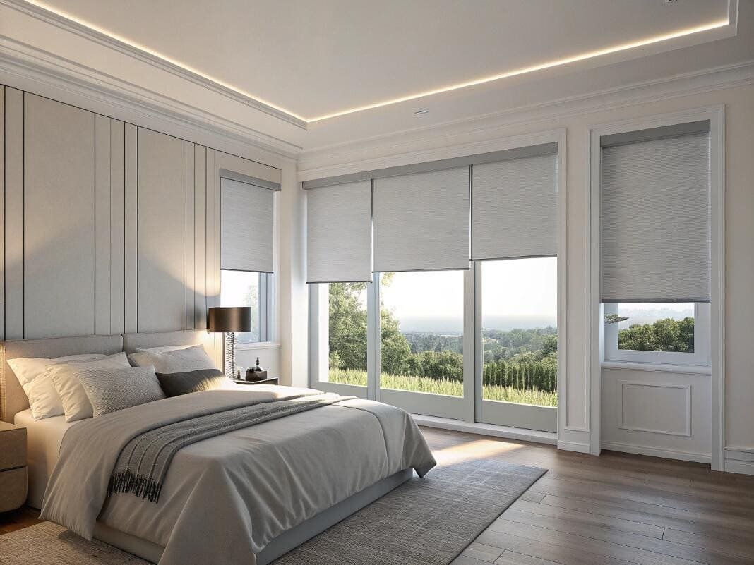 Light-filtering roller shades provide a clean, uniform look for multiple bedroom windows.