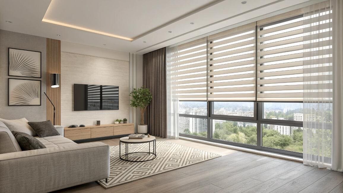 Light-filtering transitional shades for floor-to-ceiling windows in a modern living room.