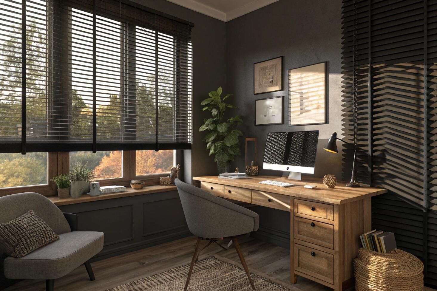 Dark wood blinds with black tapes control light in a sophisticated, moody home office.