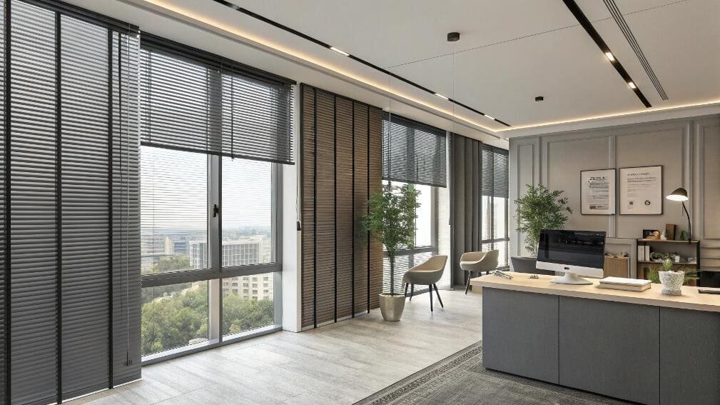 Sleek black Venetian blinds offer sophisticated light control for a modern corporate office space.