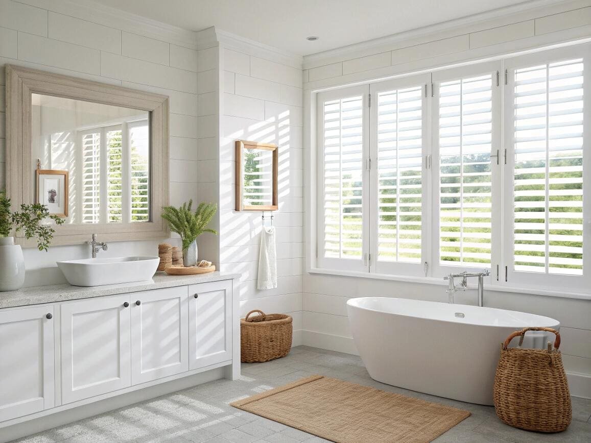 Classic white plantation shutters offer adjustable privacy and light control in a farmhouse bathroom.
