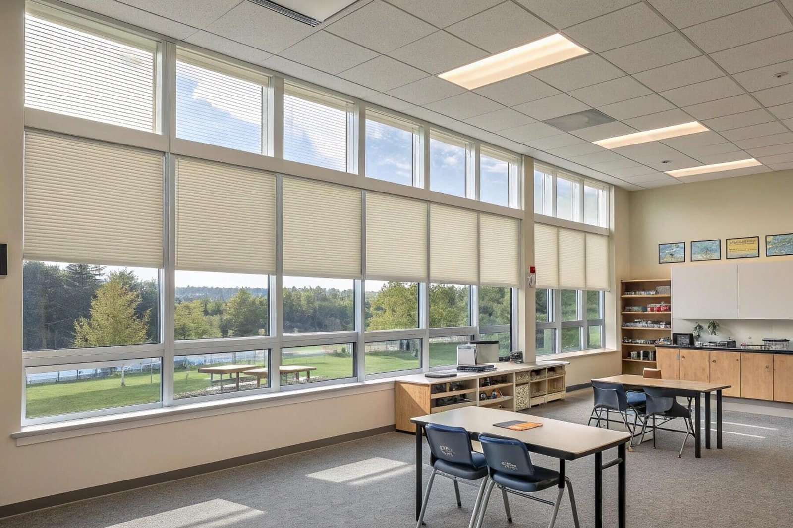 Durable, light-filtering cellular shades offer a safe solution for a modern school classroom.
