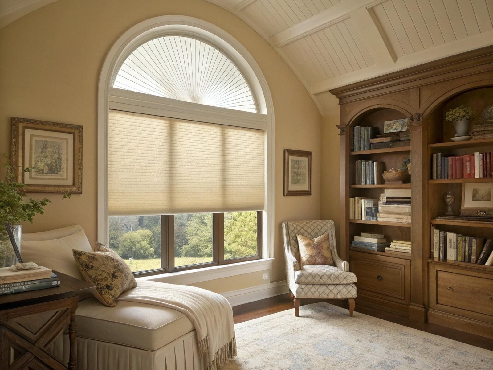 A beige fan-shaped honeycomb shade offers a classic look for a traditional arched window.