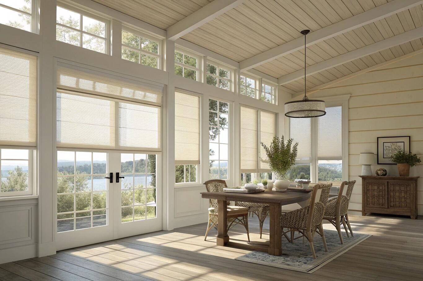 Light-filtering cellular shades create a bright, inviting atmosphere in a lakeside dining room.