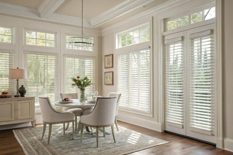 White plantation shutters provide timeless elegance for dining room windows and French doors.