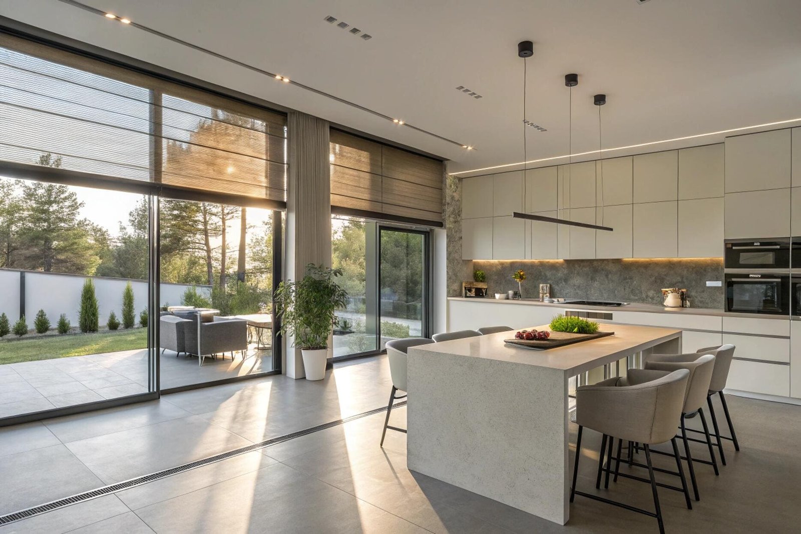 Large motorized solar shades manage sun and glare in a modern open-concept kitchen.