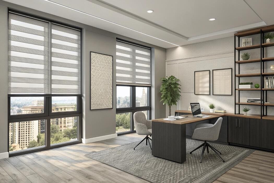 Commercial-grade dual shades provide professional style and glare control for executive offices.