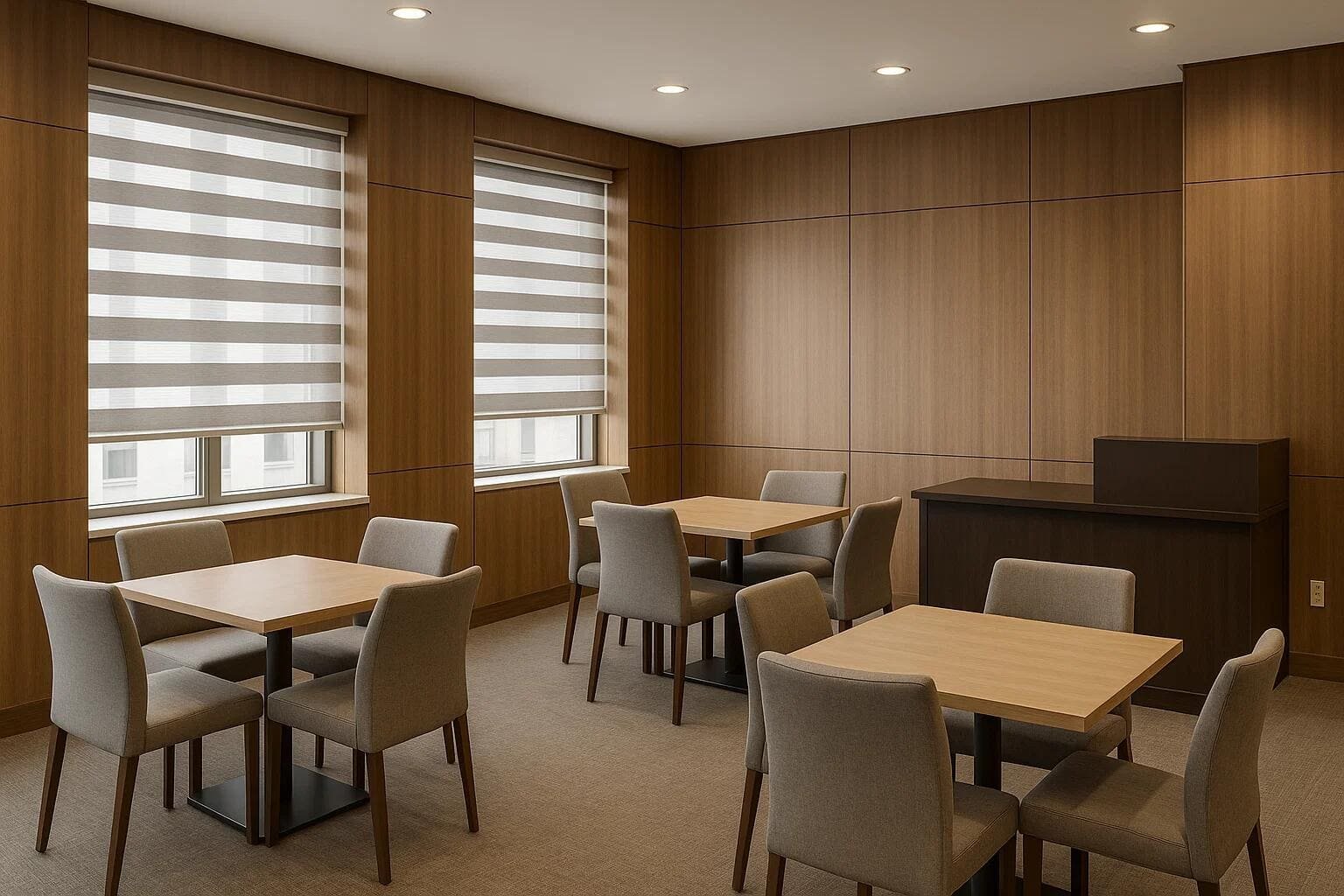 Zebra shades offer a sleek and modern window treatment solution for a commercial lounge.