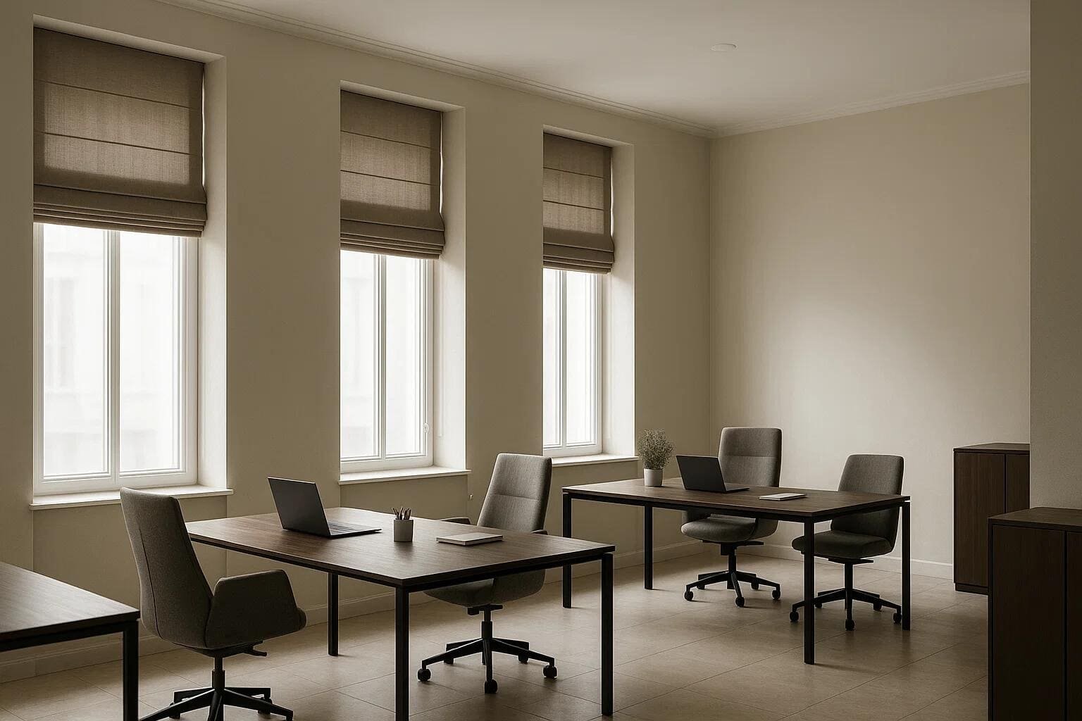 Neutral Roman shades provide light and privacy for tall windows in a professional office.