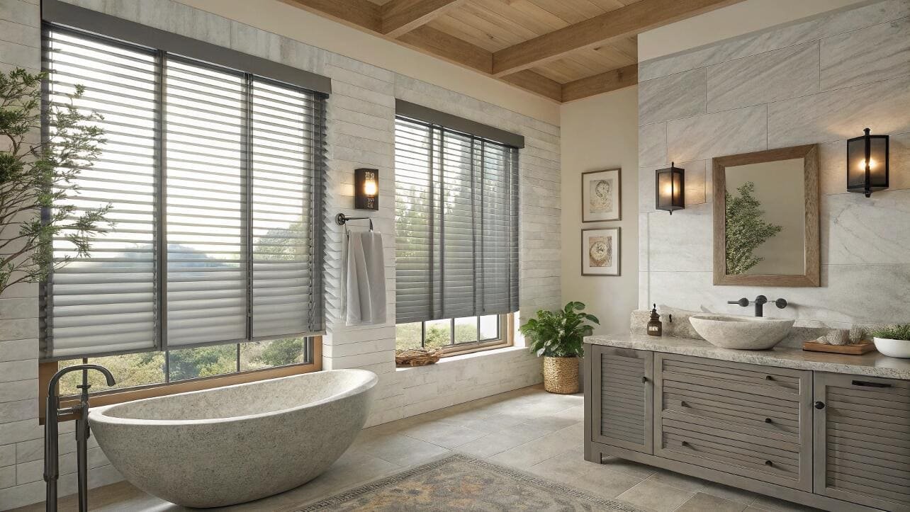 Moisture-resistant faux wood blinds offer privacy in a rustic modern farmhouse bathroom.