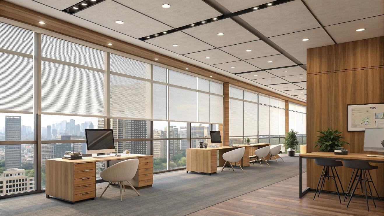 Energy-efficient cellular shades installed across a full floor of a modern commercial office.