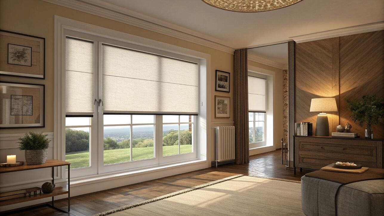 Custom Roman shades provide a timeless, tailored look for a classic living room.