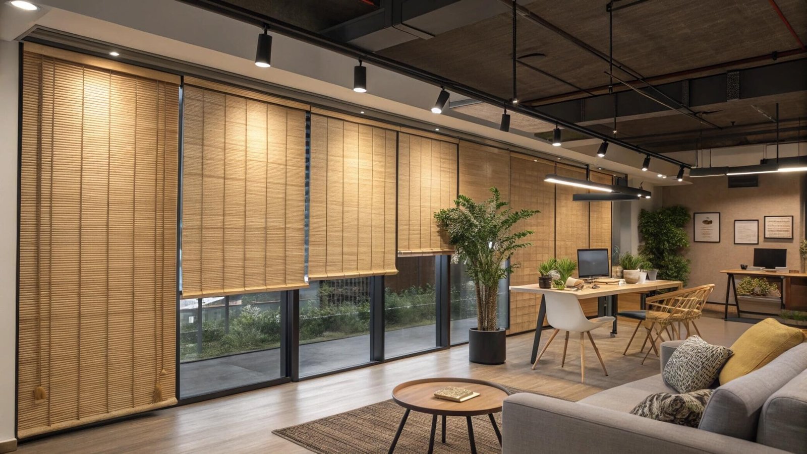 Light-filtering bamboo roller shades provide uniform style for a modern creative office space.