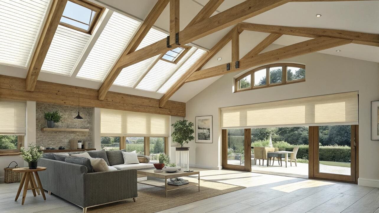 Cellular shades manage light and heat from skylights in a large, vaulted-ceiling living room.