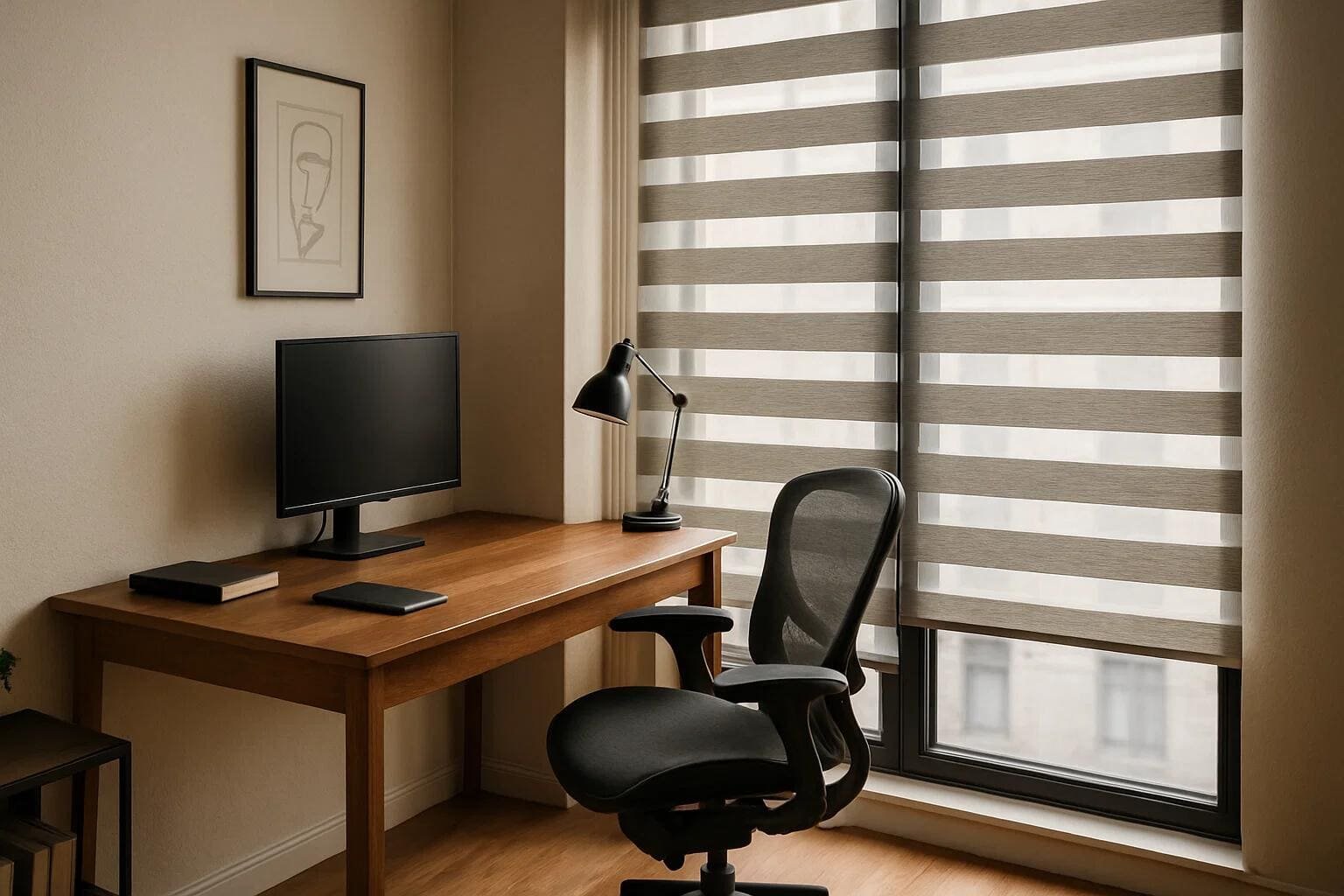 A dual roller shade behind a desk reduces screen glare for a home office.