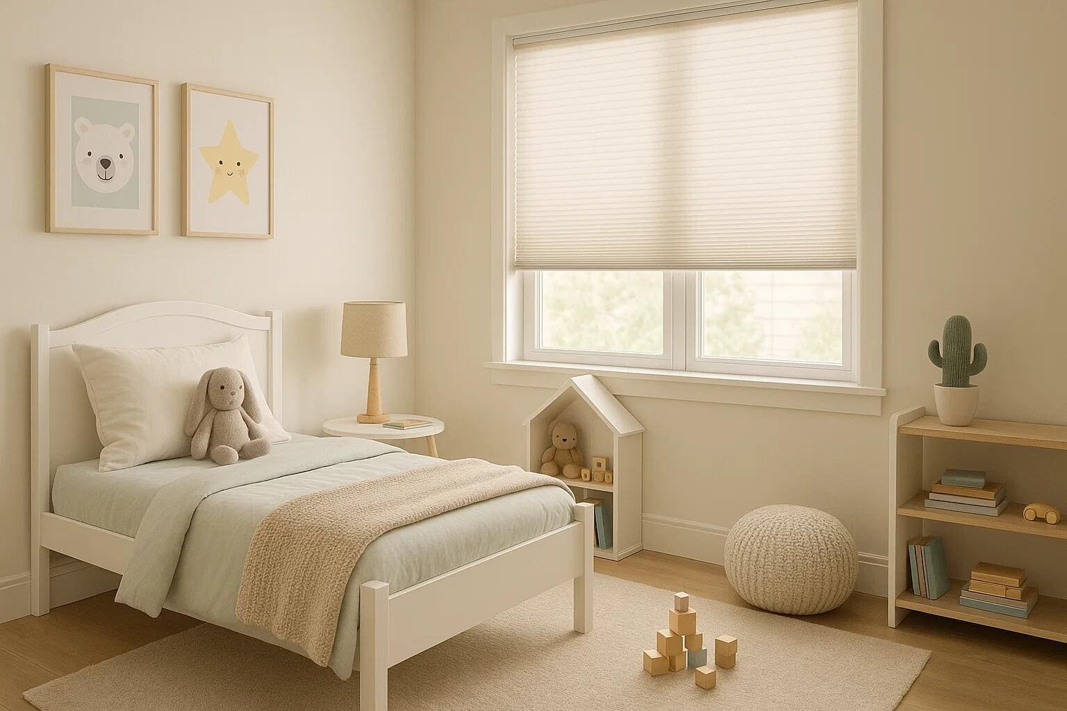 A light-filtering cordless cellular shade offers a safe and bright solution for a child's room.
