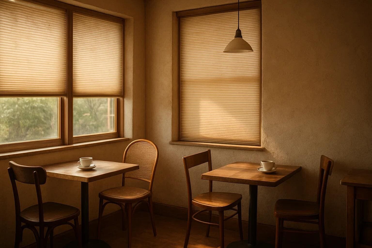 Pleated shades create a warm, inviting atmosphere for a cozy cafe or restaurant.