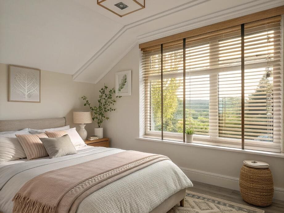 Wood blinds with wide tapes add warmth and style to a modern bedroom.