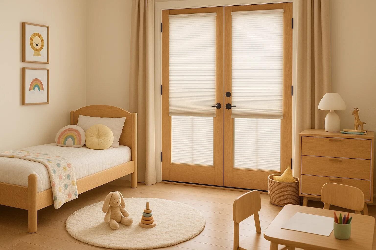 Cordless cellular shades offer a safe and stylish solution for French doors in a nursery.