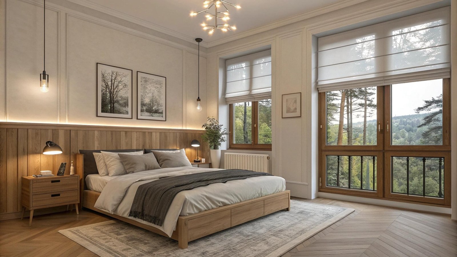 Elegant Roman shades offer privacy and soft light in a classic bedroom with wood accents.