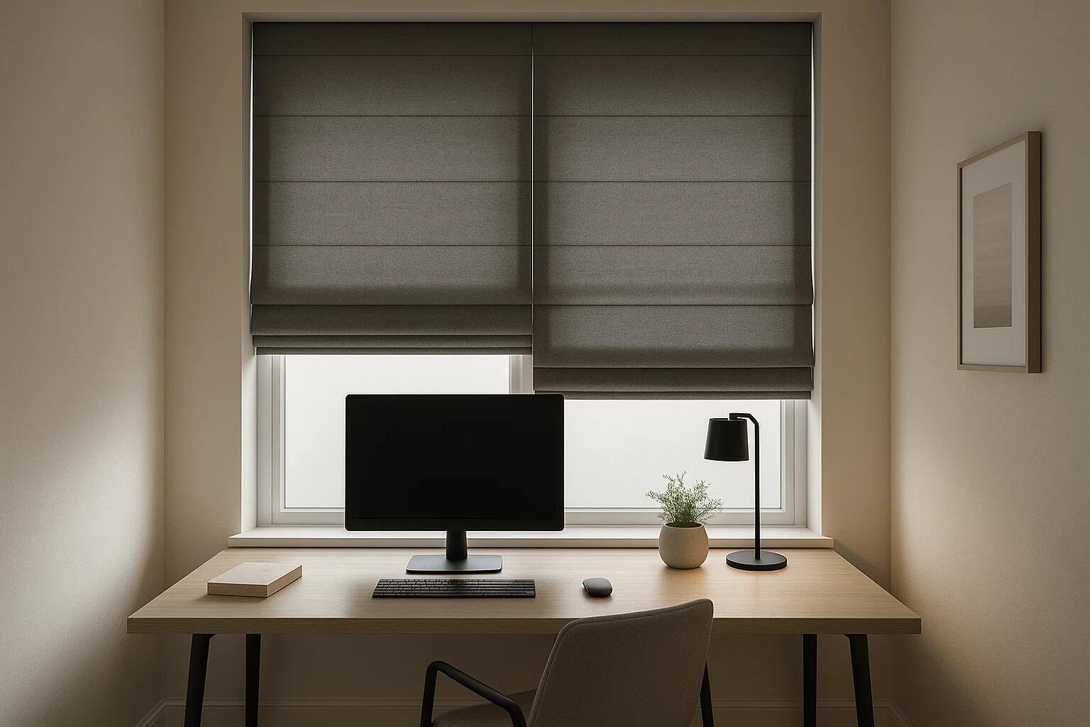 Blackout Roman shades create a focused, glare-free environment for a modern home office desk.