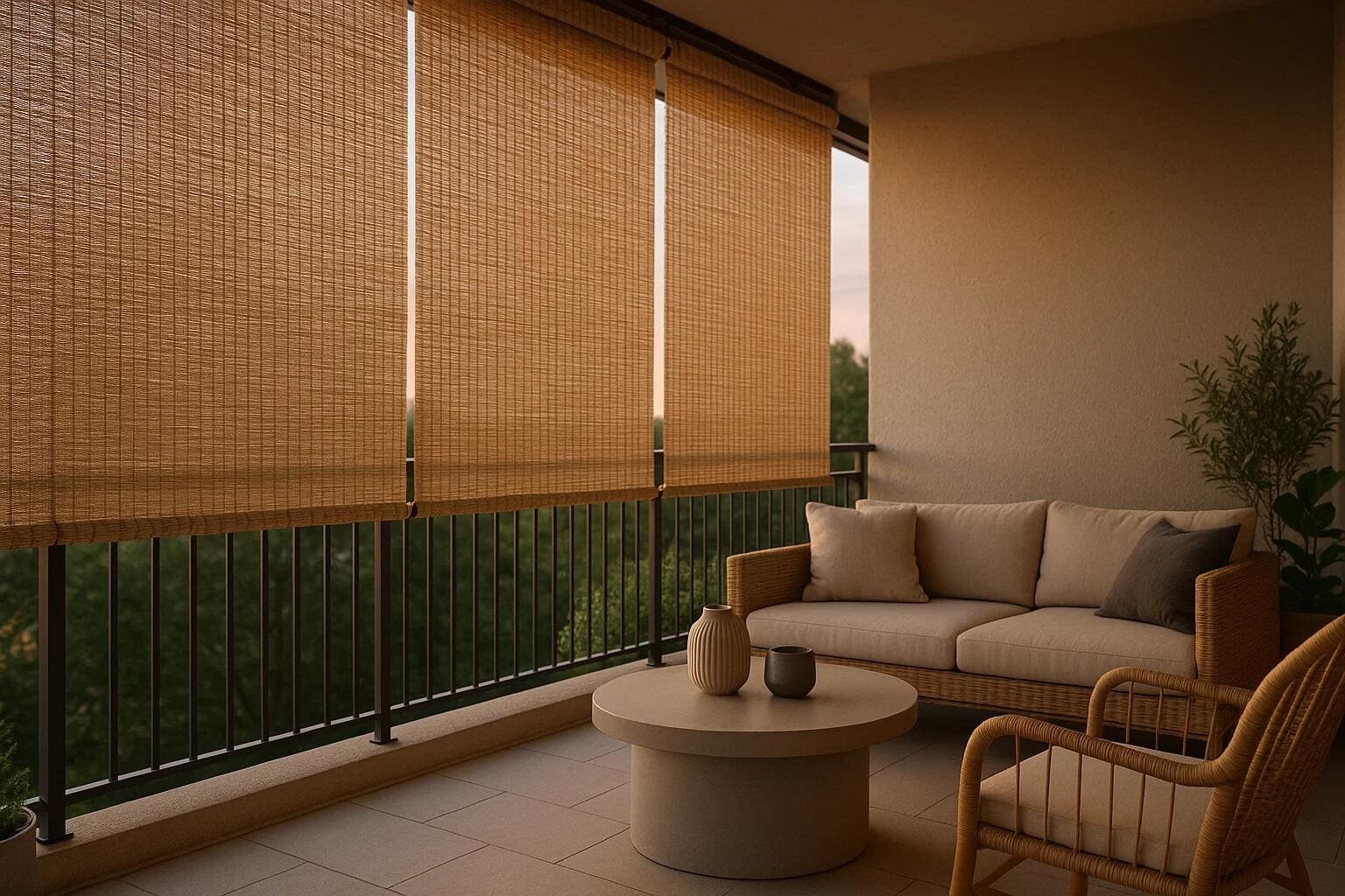 Natural woven shades add texture and privacy to a cozy residential apartment balcony.