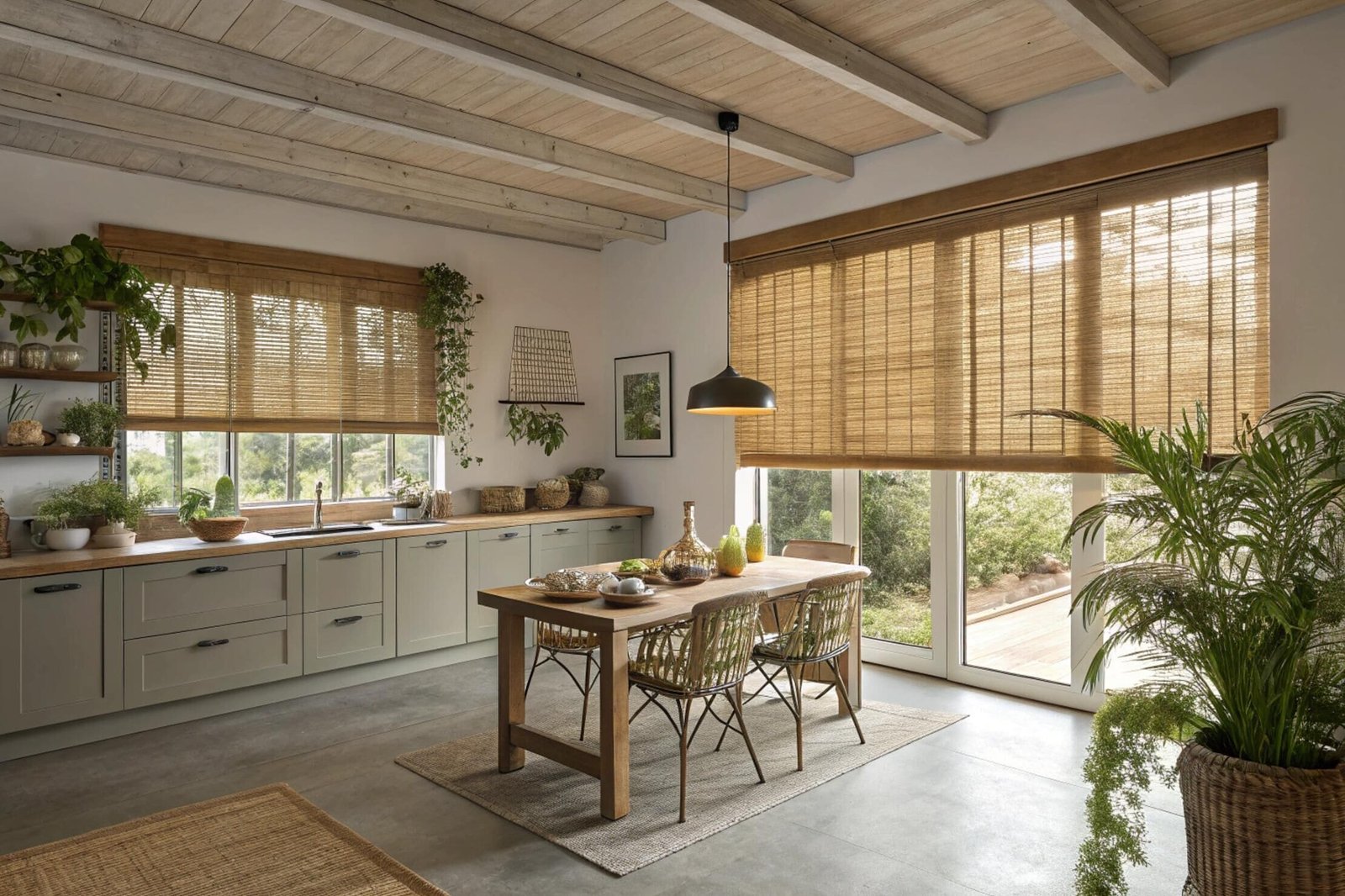 Woven wood shades complement a rustic modern kitchen and dining area with wood accents.