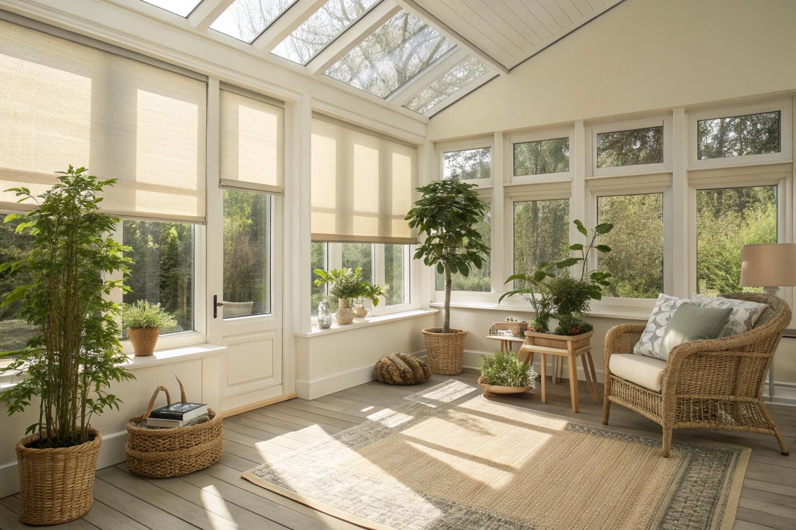 Light-filtering solar shades manage heat and glare in a sunroom with a glass roof.