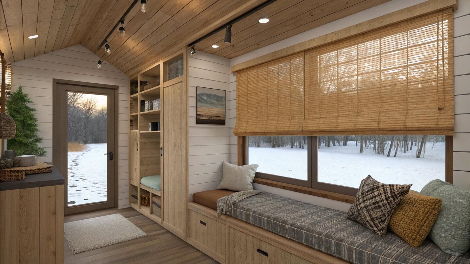 A cordless bamboo Roman shade provides warmth over a window seat in a tiny home.