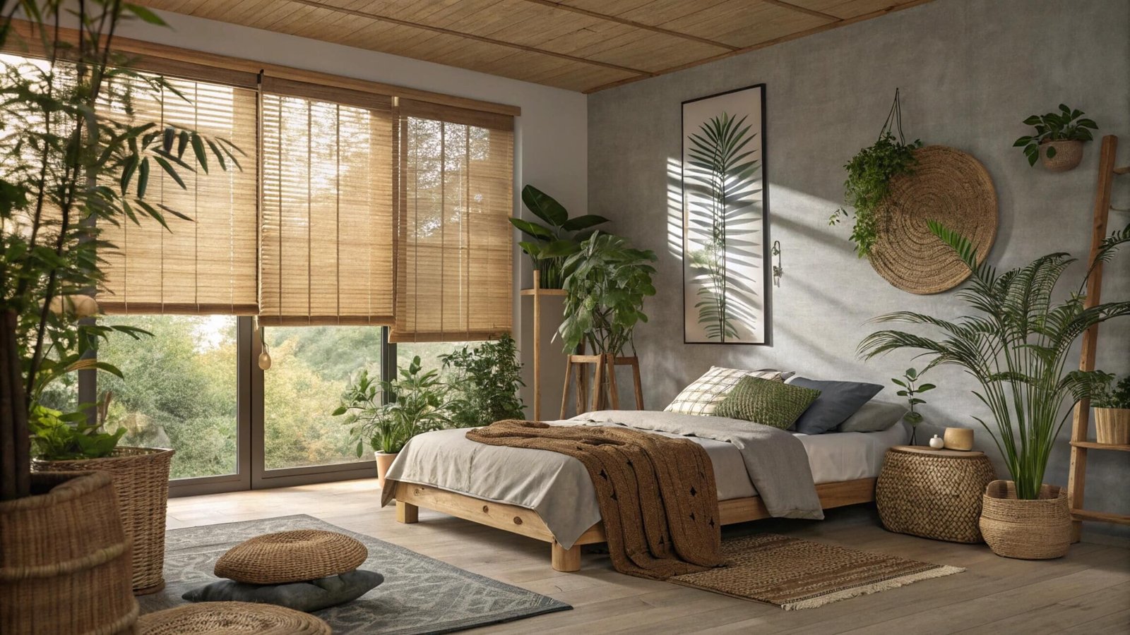 Natural bamboo blinds complement a biophilic bedroom design full of lush indoor plants.
