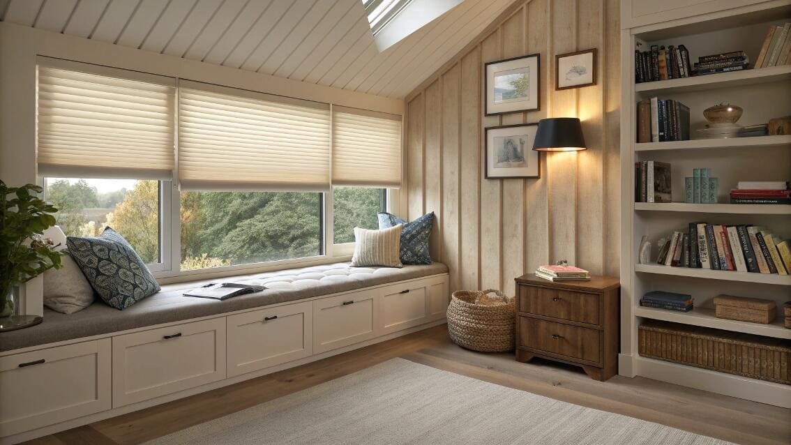 Cordless honeycomb blinds offering an uncompromised panoramic view in a contemporary condo.