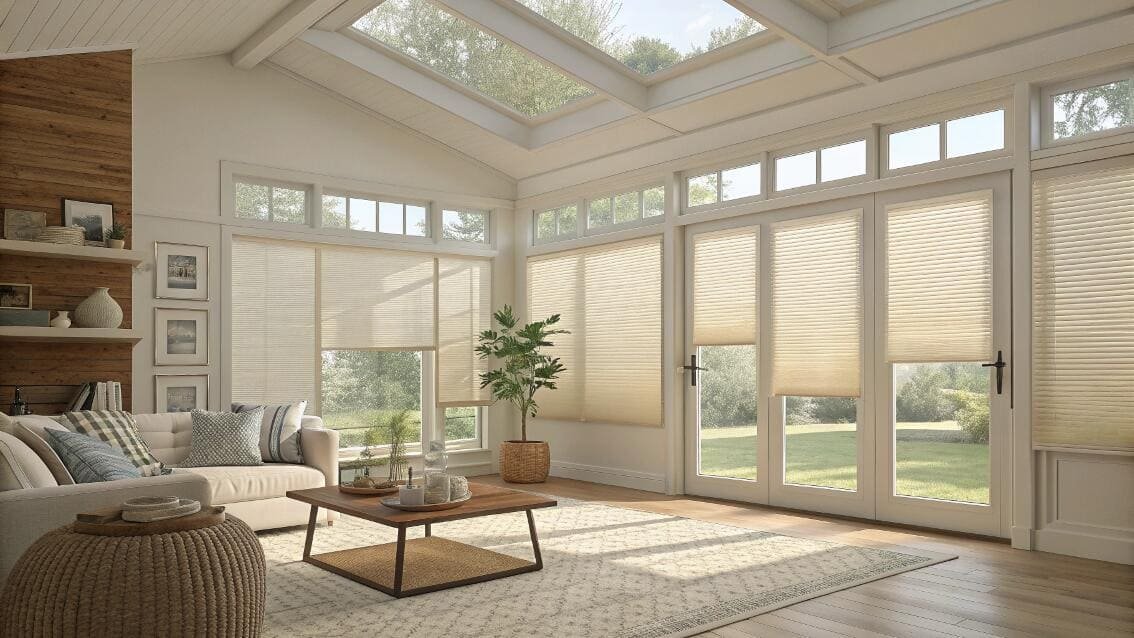 Insulating cellular shades in a bright sunroom with skylights and French doors.