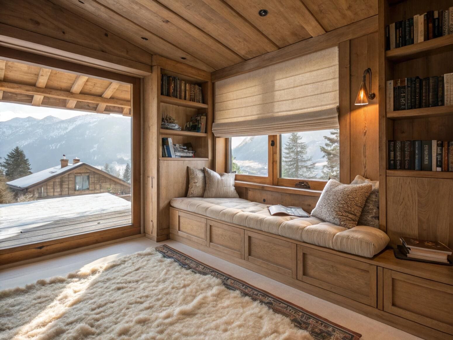 Light-filtering Roman shade in a cozy, wood-paneled reading nook with mountain view.
