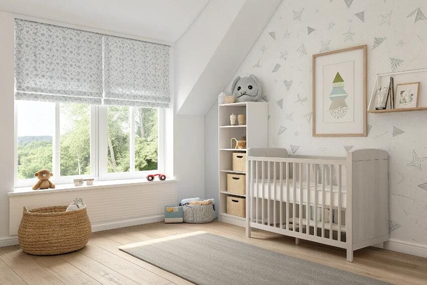 Patterned grey cordless Roman shade in an attic nursery with a slanted ceiling.