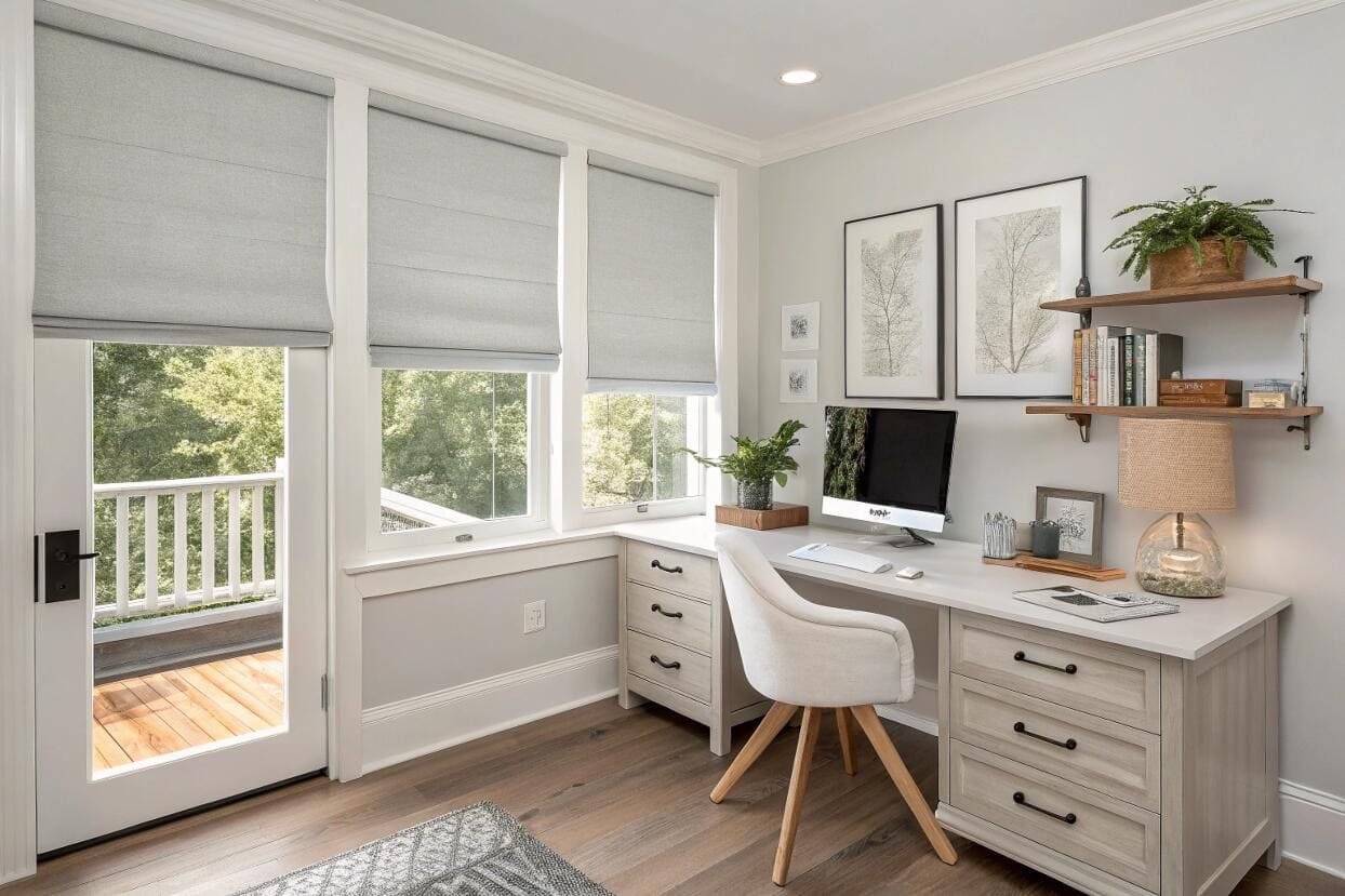 Light grey Roman shades providing privacy in a bright, modern home office.
