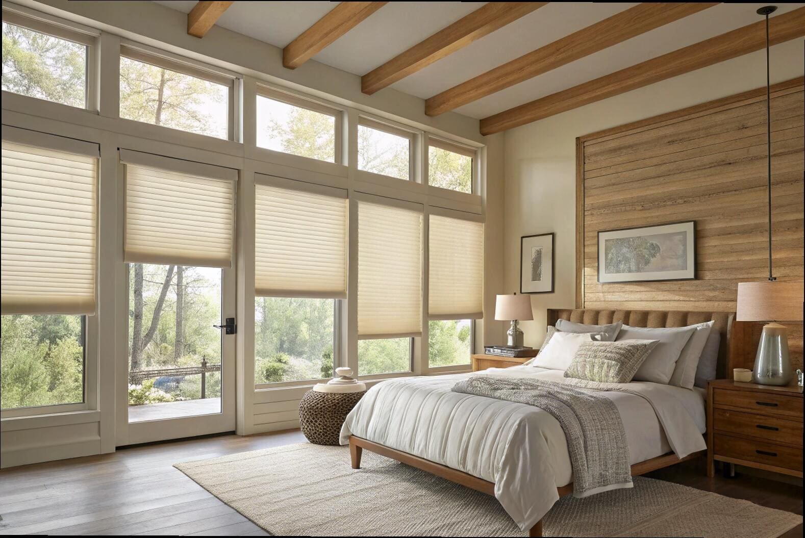 Top-down bottom-up cellular shades on tall bedroom windows for privacy and light.