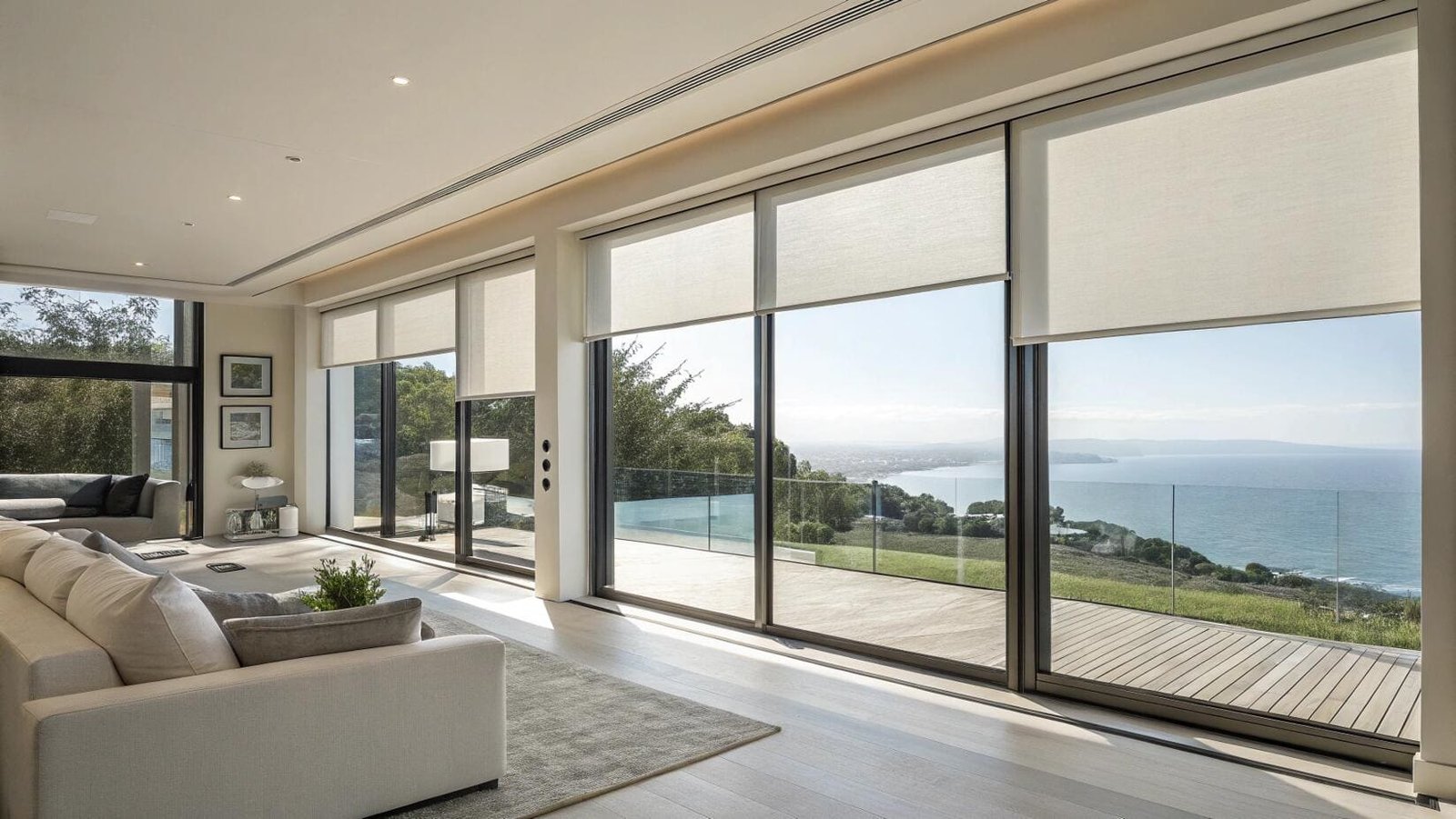 Large light-filtering roller shades over patio doors with an ocean view.