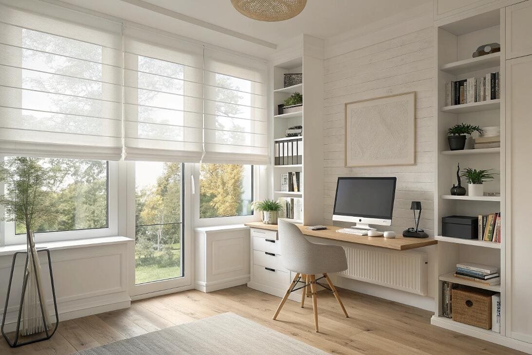 Bright home office with sheer white Roman shades for soft, natural light.