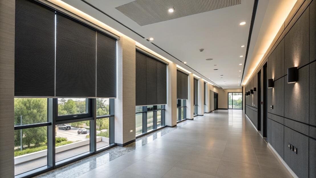 Commercial-grade blackout roller shades provide uniform light control in a modern office building hallway.