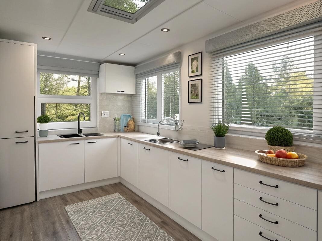Sleek grey venetian blinds complement the modern, minimalist design of a bright kitchen.
