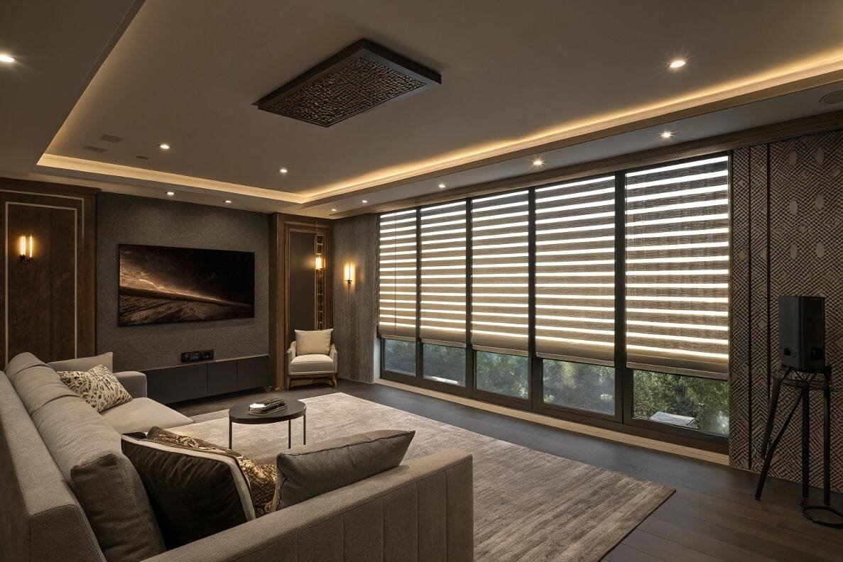 Motorized zebra shades provide optimal light control for a luxury home theater room.