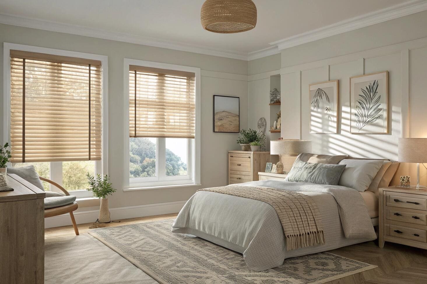 Natural wood blinds with brown tapes complement the serene decor of a coastal bedroom.