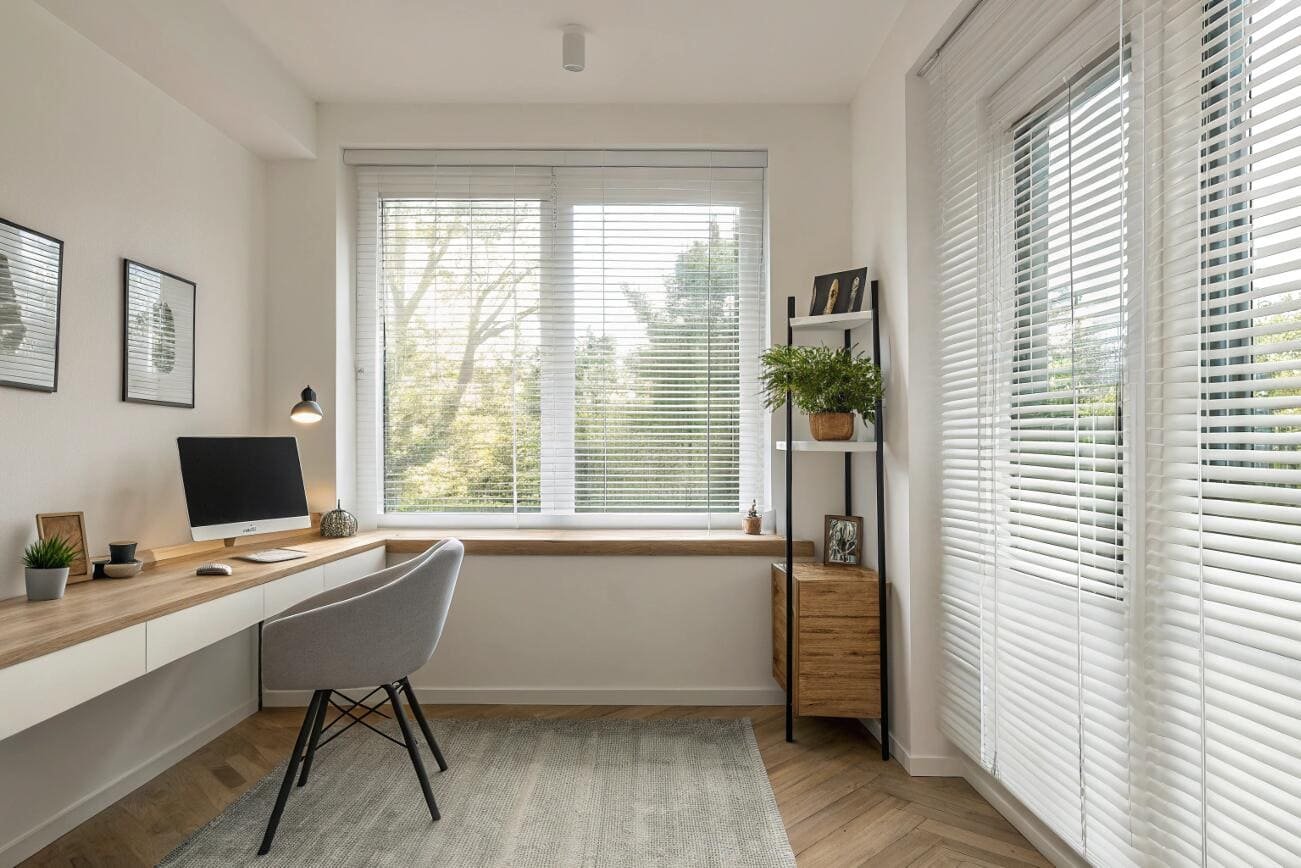 White Venetian blinds offer crisp, clean lines and light control for a minimalist home office.