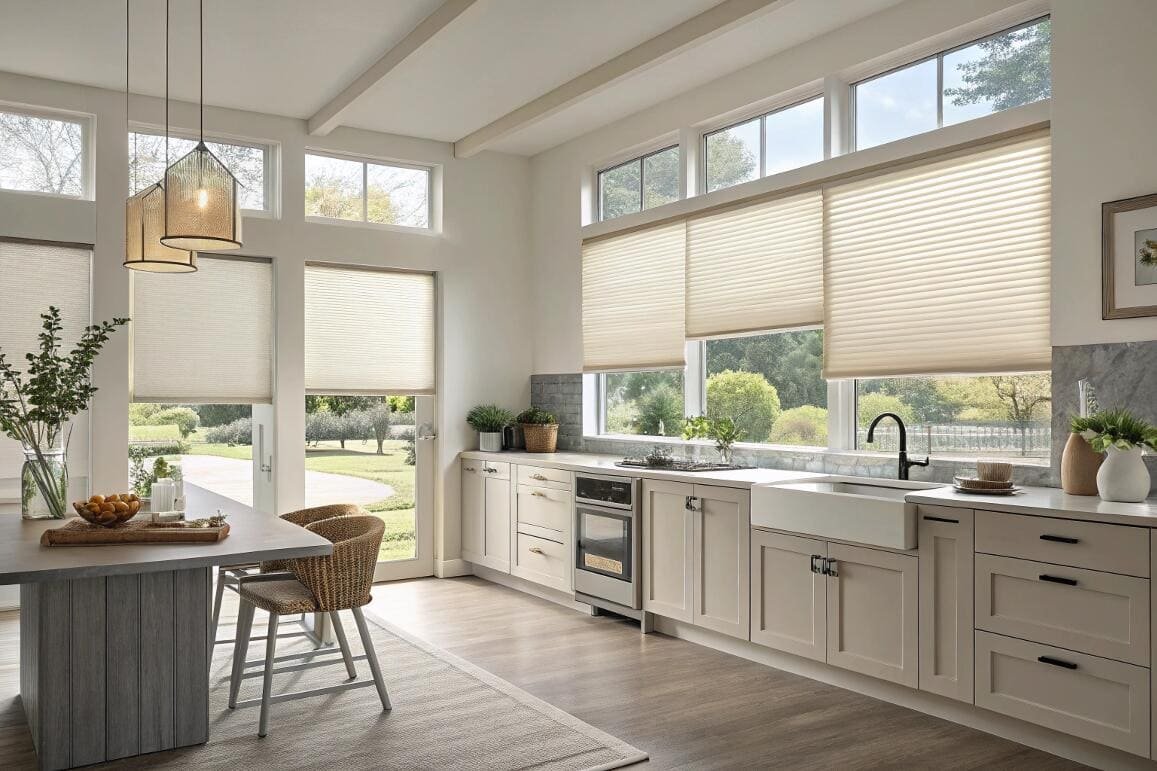 Top-down bottom-up cellular shades provide versatile light control in a modern farmhouse kitchen.