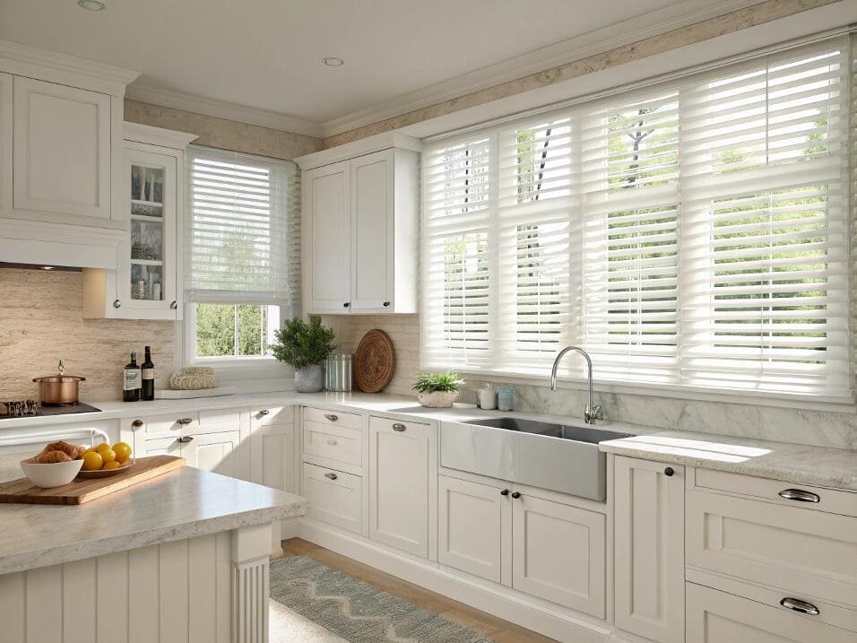 White faux wood blinds offer a classic, moisture-resistant solution for a farmhouse kitchen.