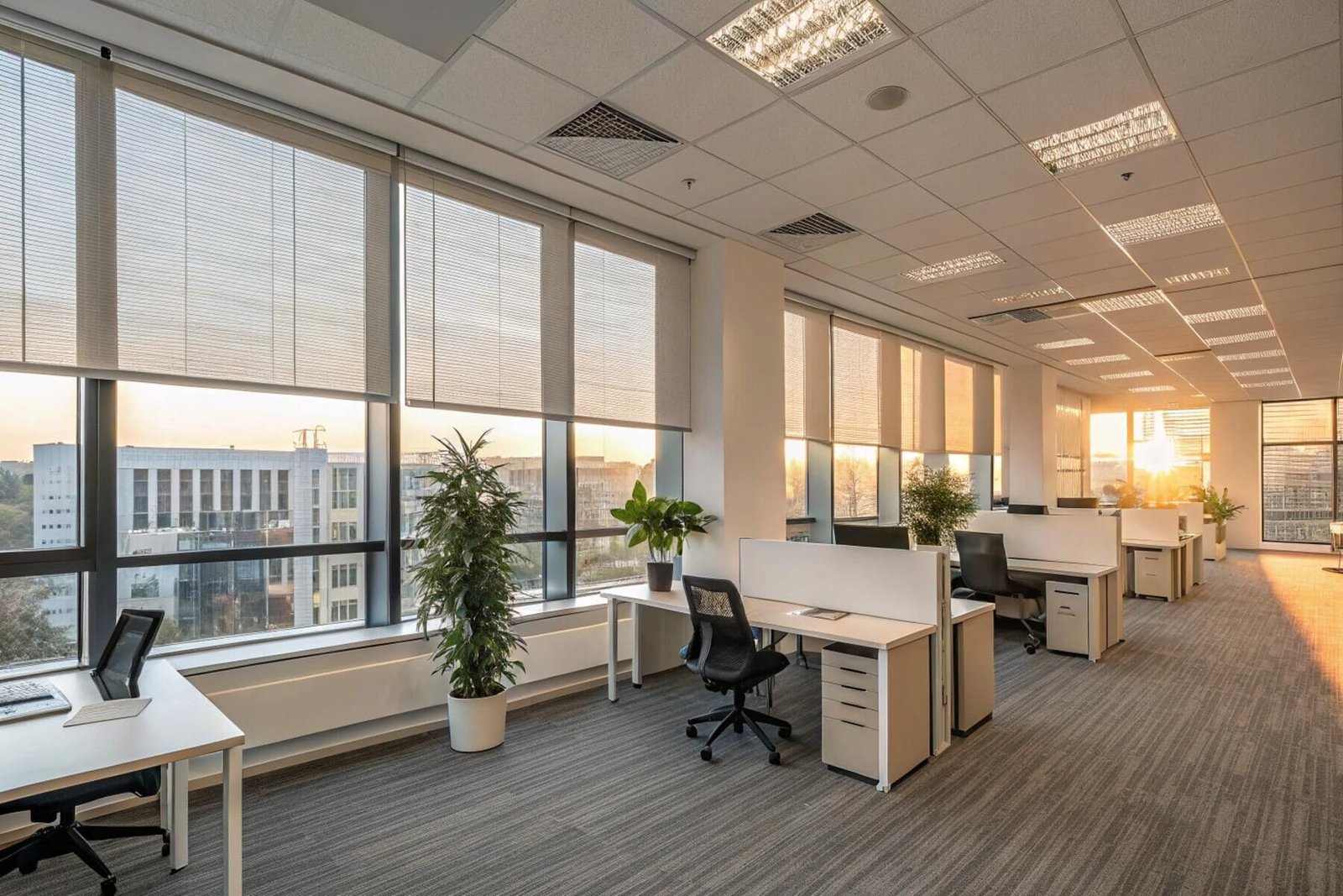 Commercial solar blinds reduce afternoon glare to improve productivity in a modern open-plan office.