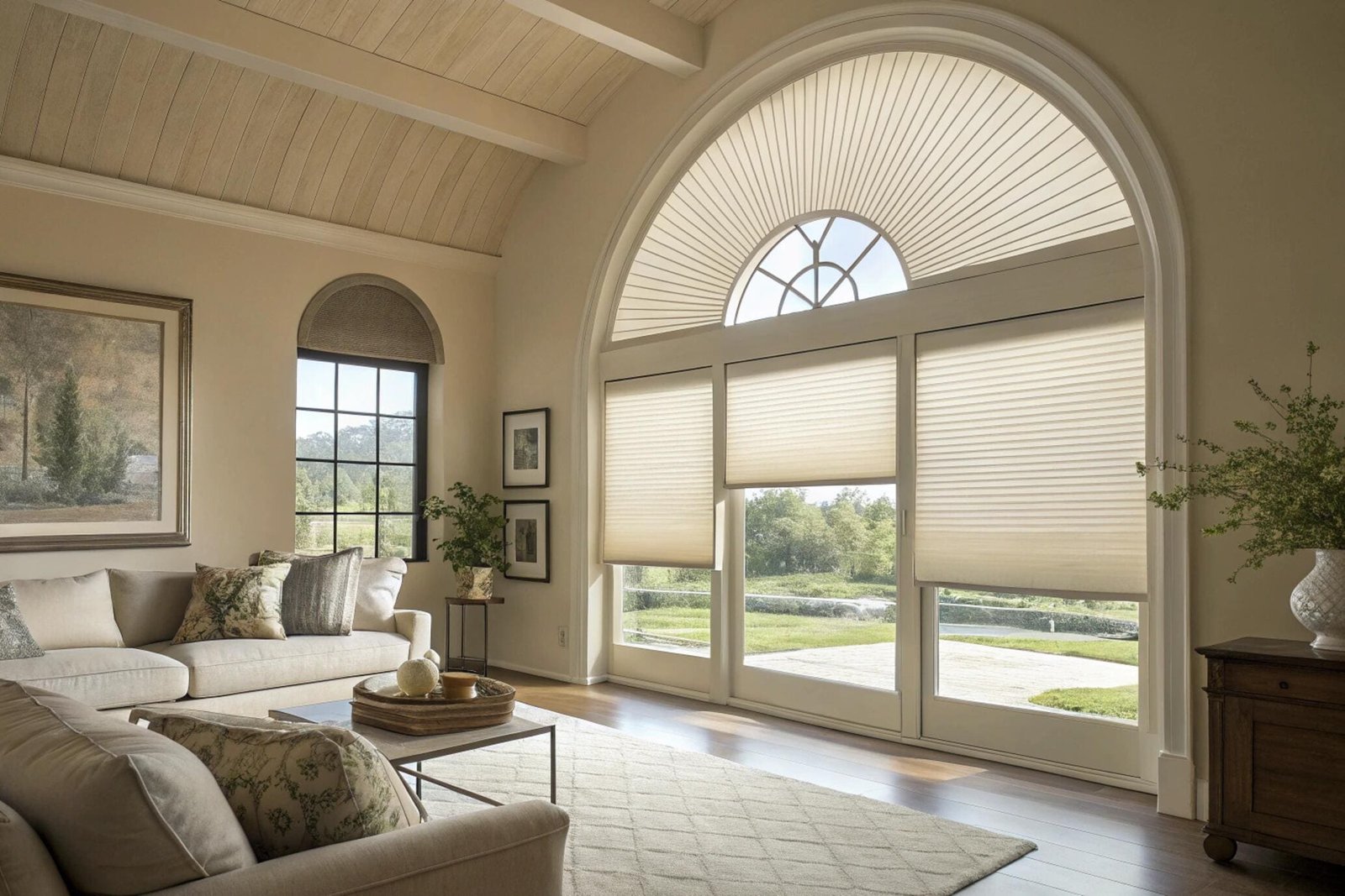 Coordinated cellular shades cover a large Palladian window in a high-ceiling great room.