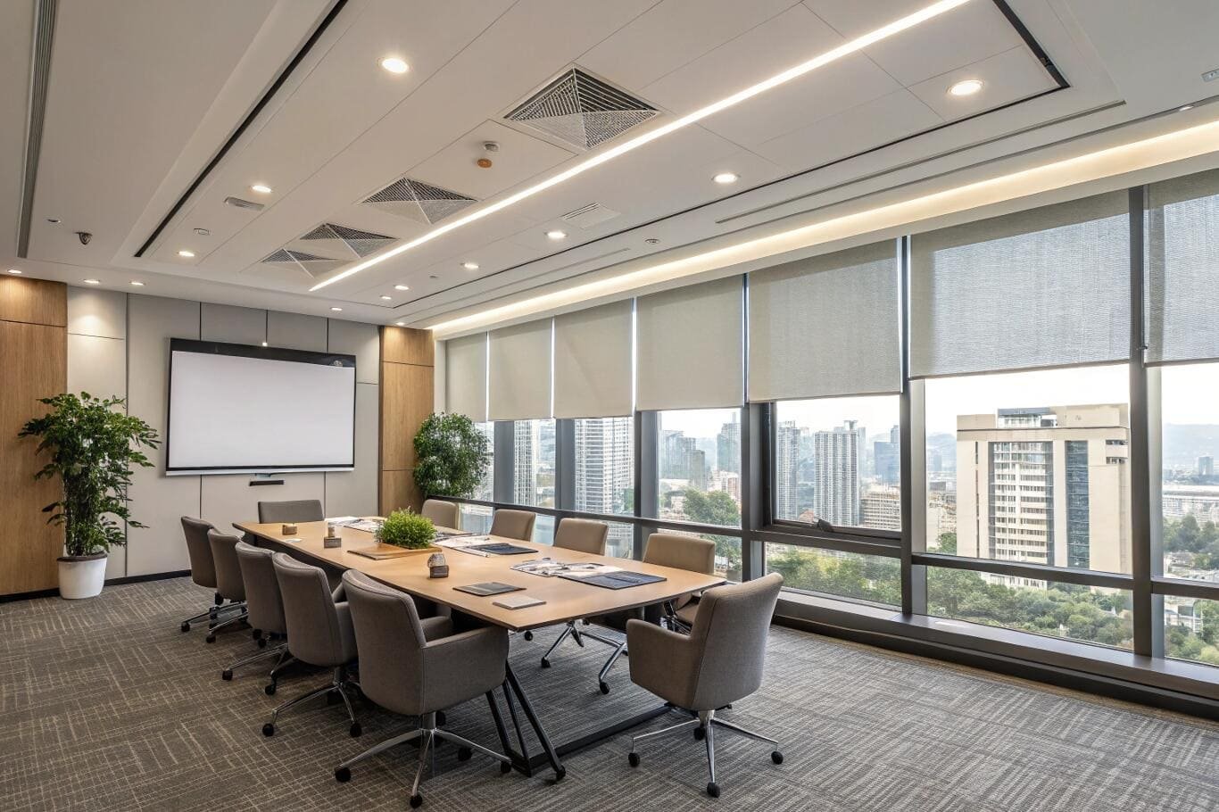 Motorized solar shades provide light control for a commercial conference room with city views.