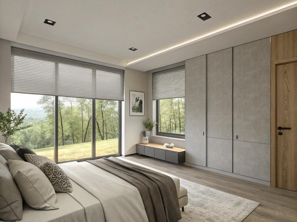 Top-down bottom-up honeycomb shades provide privacy and light control in a modern bedroom.